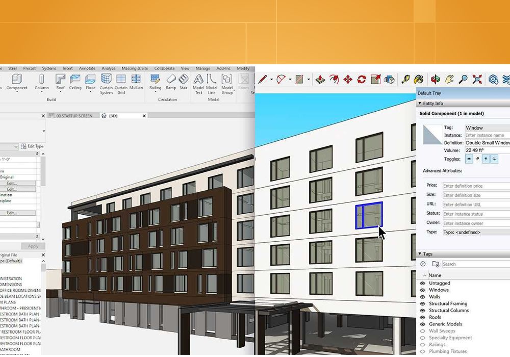 Building model shown side by side in Revit and SketchUp with the facade element highlighted in SketchUp.