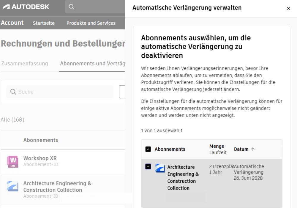 Übersicht der Autodesk-Abonnements, deren automatische Verlängung durch die Bestätigung deaktiviert wird.